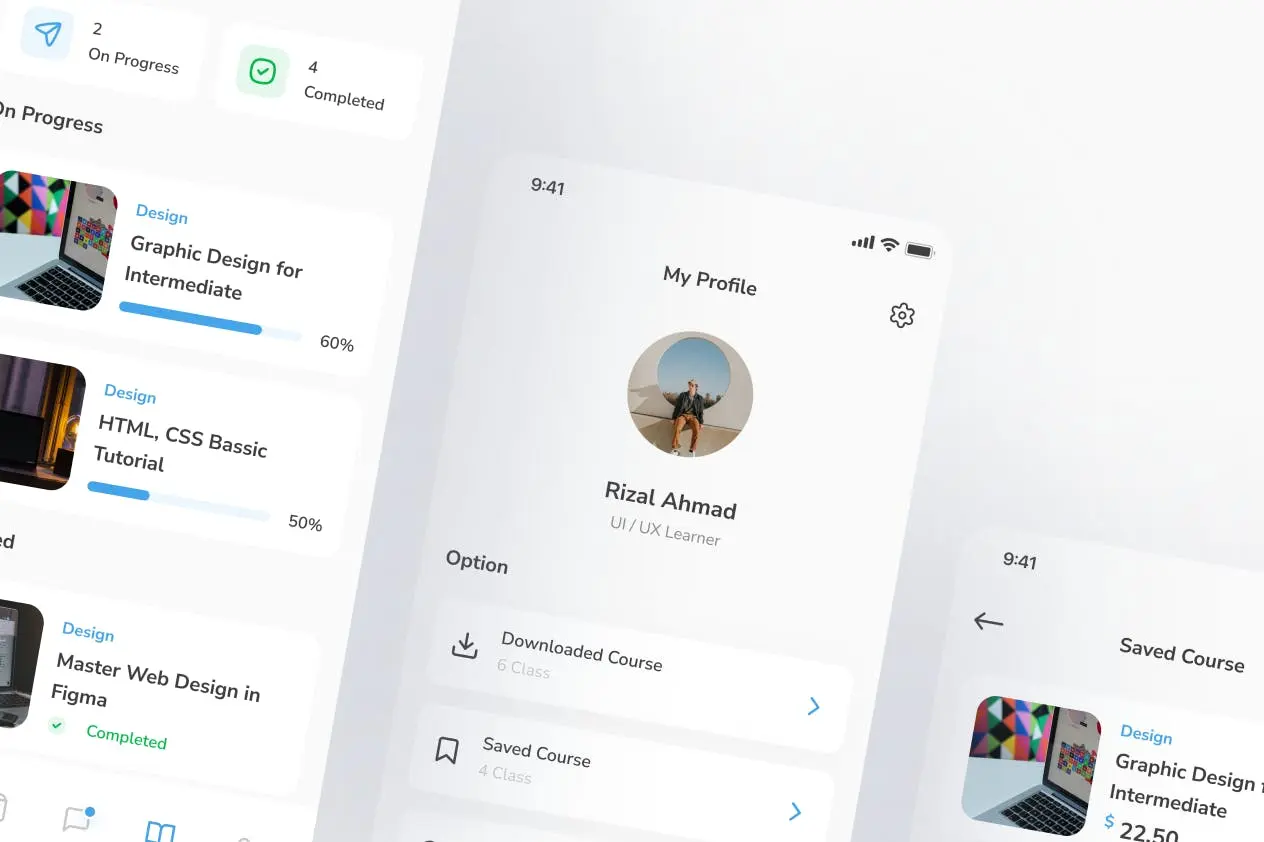 风格简洁的蓝色在线课程APP UI Kit(Figma)