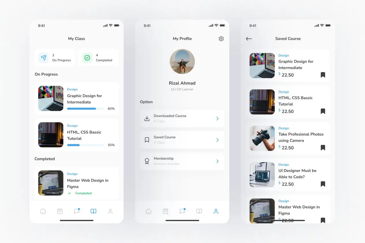 风格简洁的蓝色在线课程APP UI Kit(Figma)