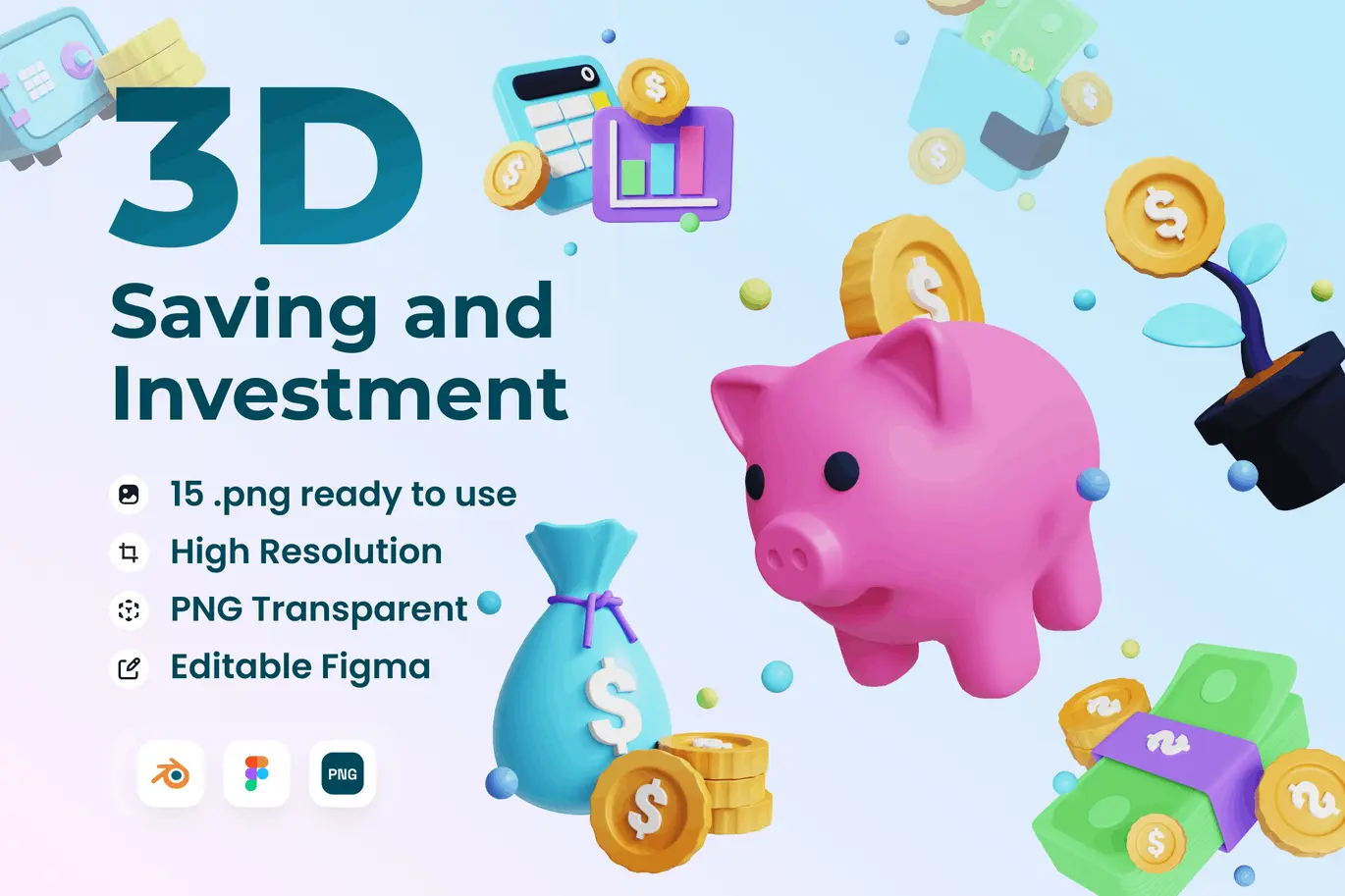 15个储蓄与投资主题的3D图标模型