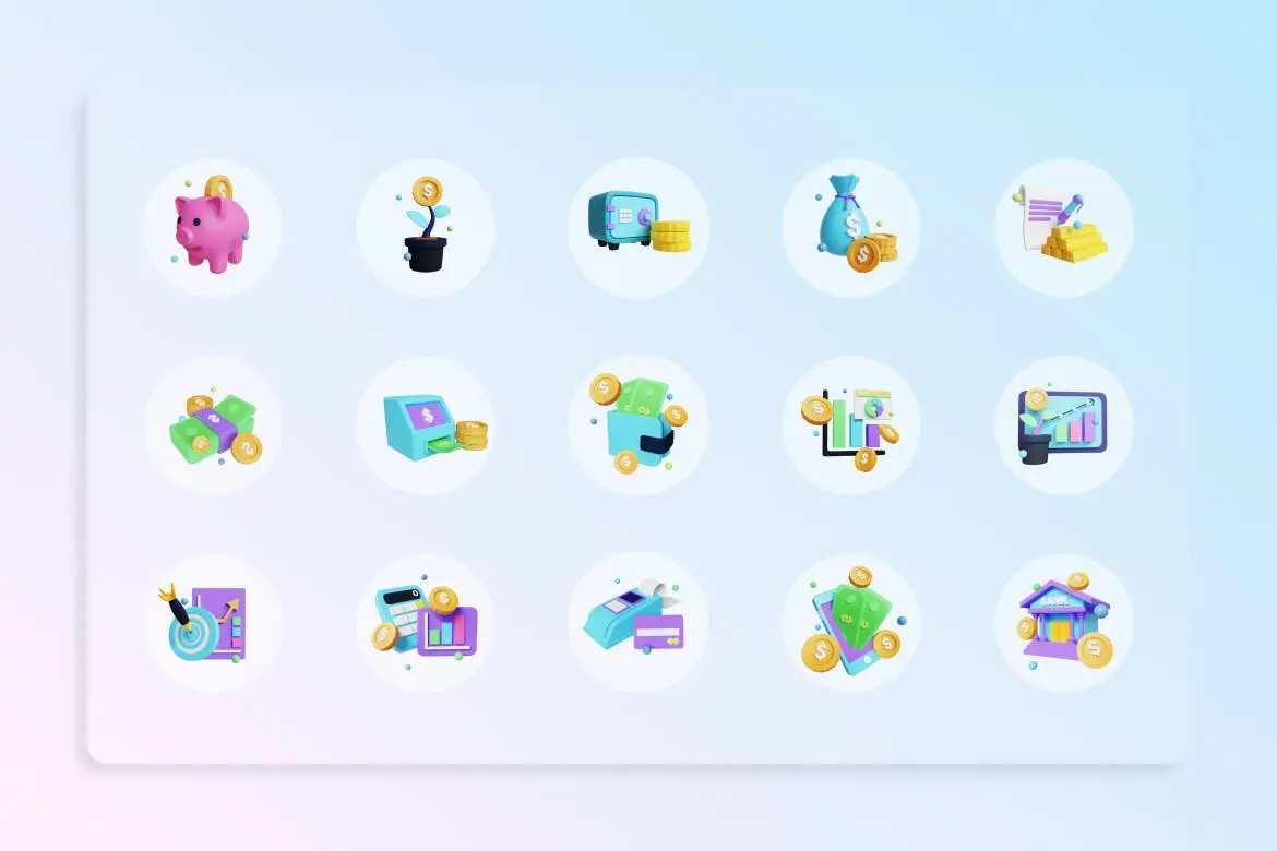 15个储蓄与投资主题的3D图标模型