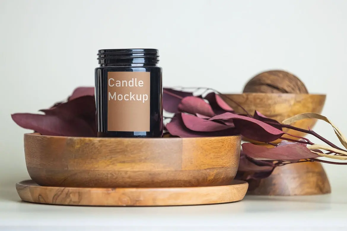 逼真的蜡烛玻璃瓶标签包装设计PSD样机