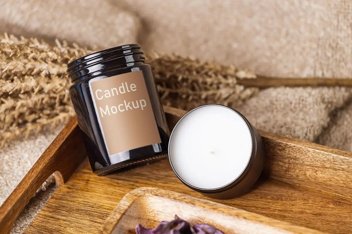 逼真的蜡烛玻璃瓶标签包装设计PSD样机