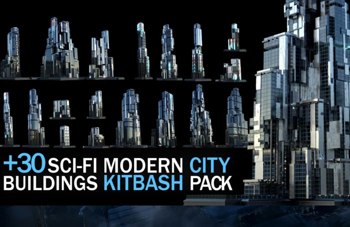 30个现代科幻城市大楼建筑C4D+OC模型合集