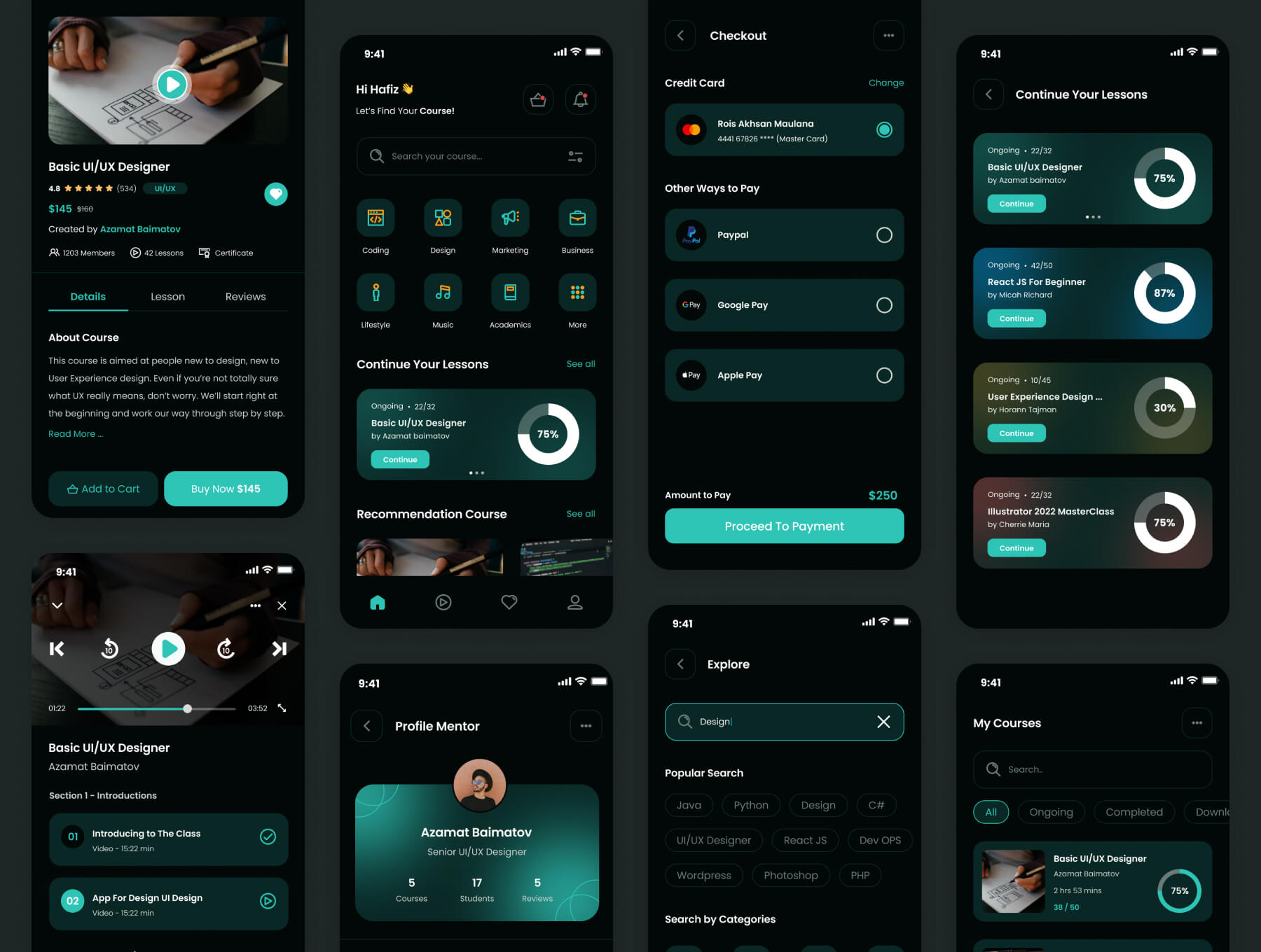 50个青绿色课程学习相关APP UI Kit素材包(Figma)