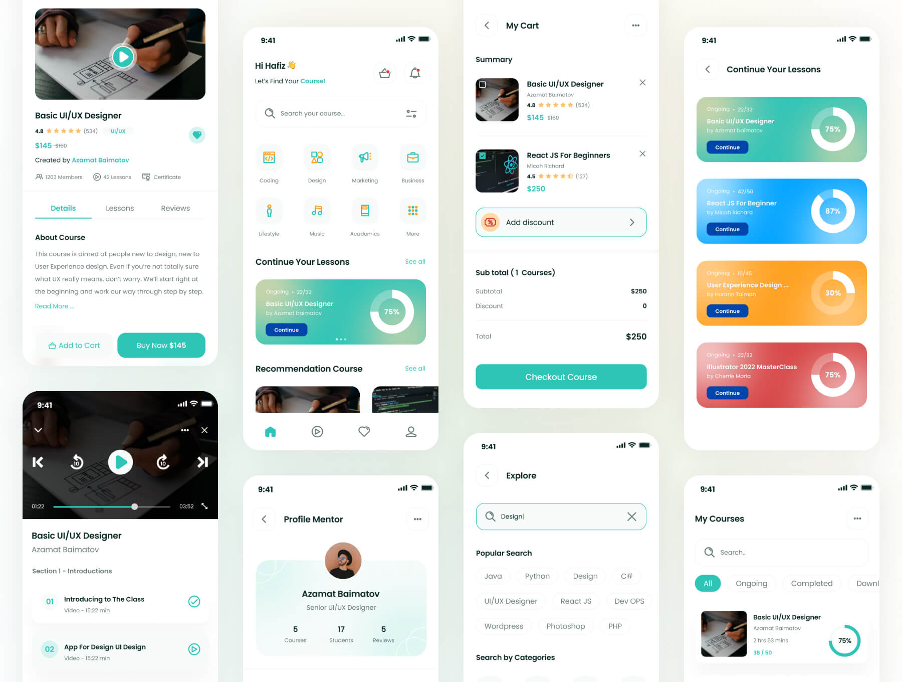 50个青绿色课程学习相关APP UI Kit素材包(Figma)