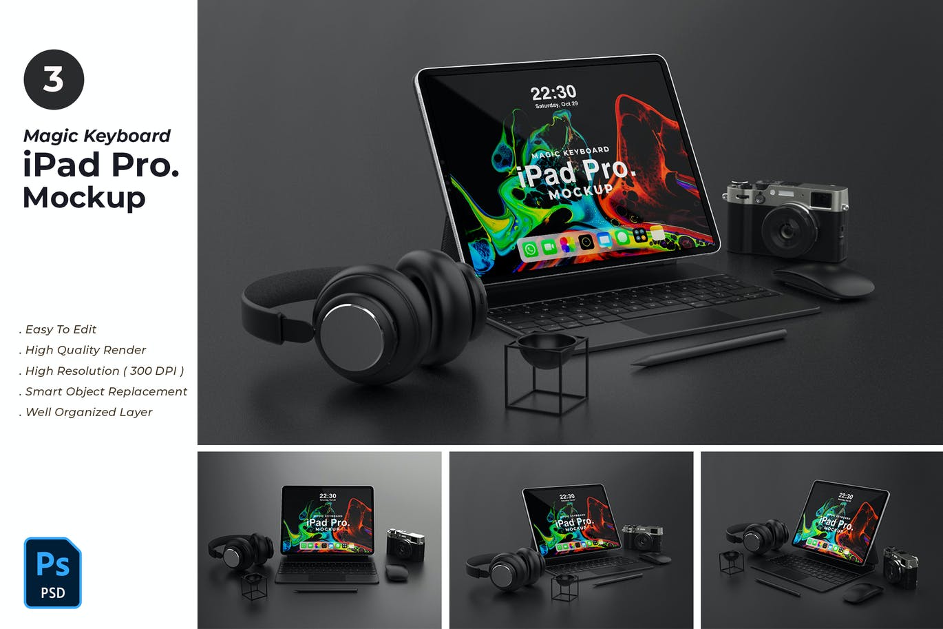 魔法键盘深色iPad Pro平板电脑样机PSD模板