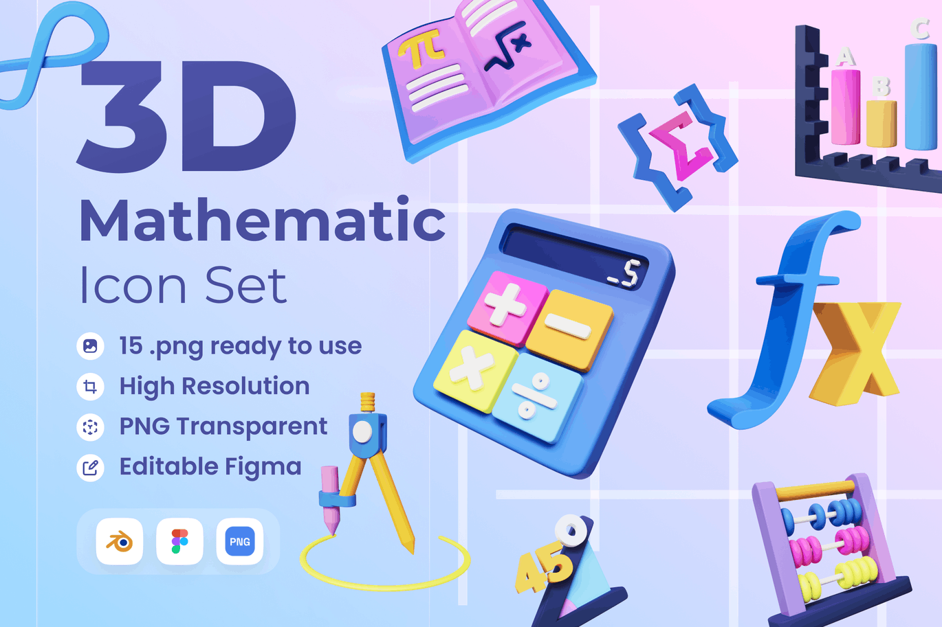 15个数学3D主题图标模型(Blend)