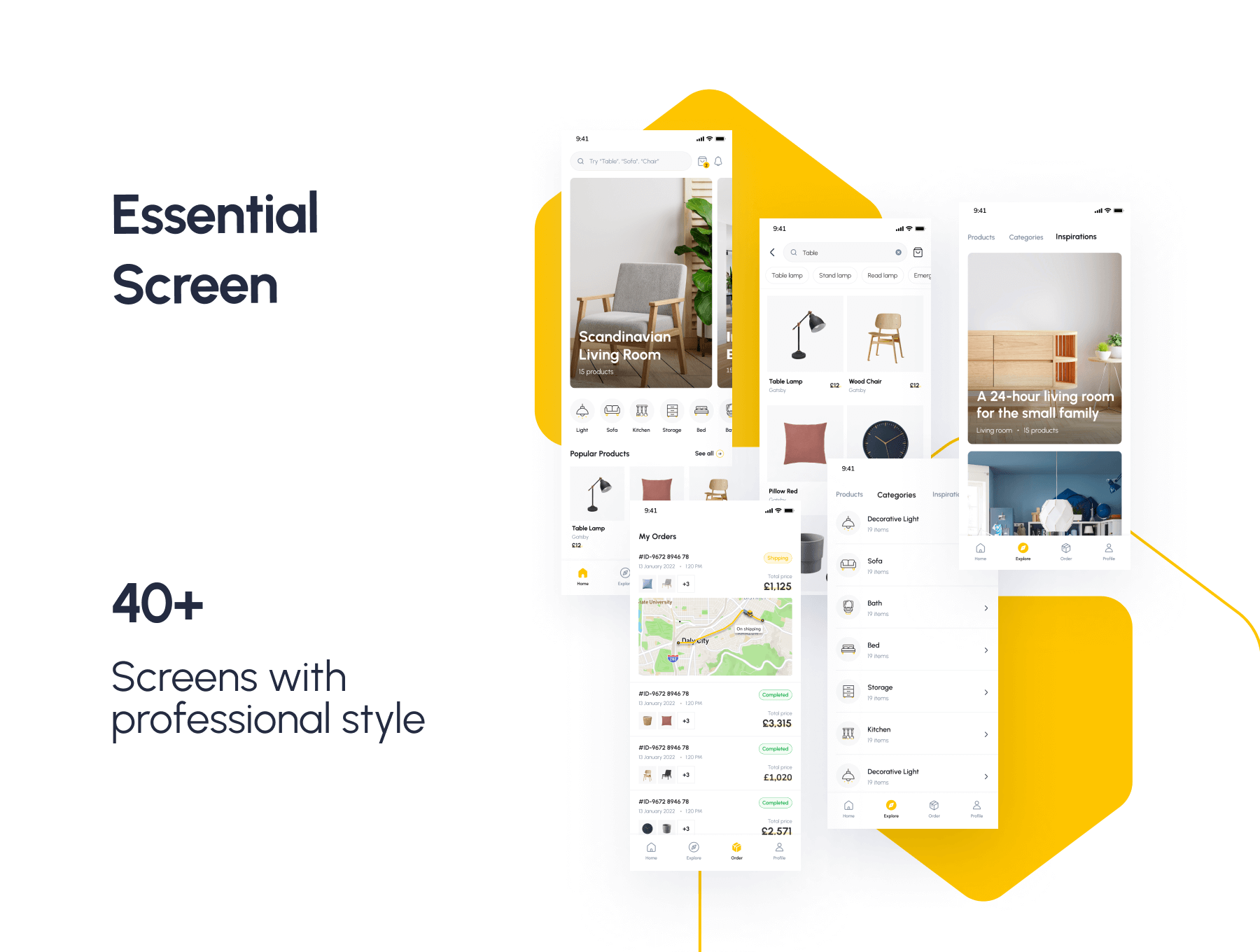 40个亮黄颜色家居家具电商APP UI kit设计