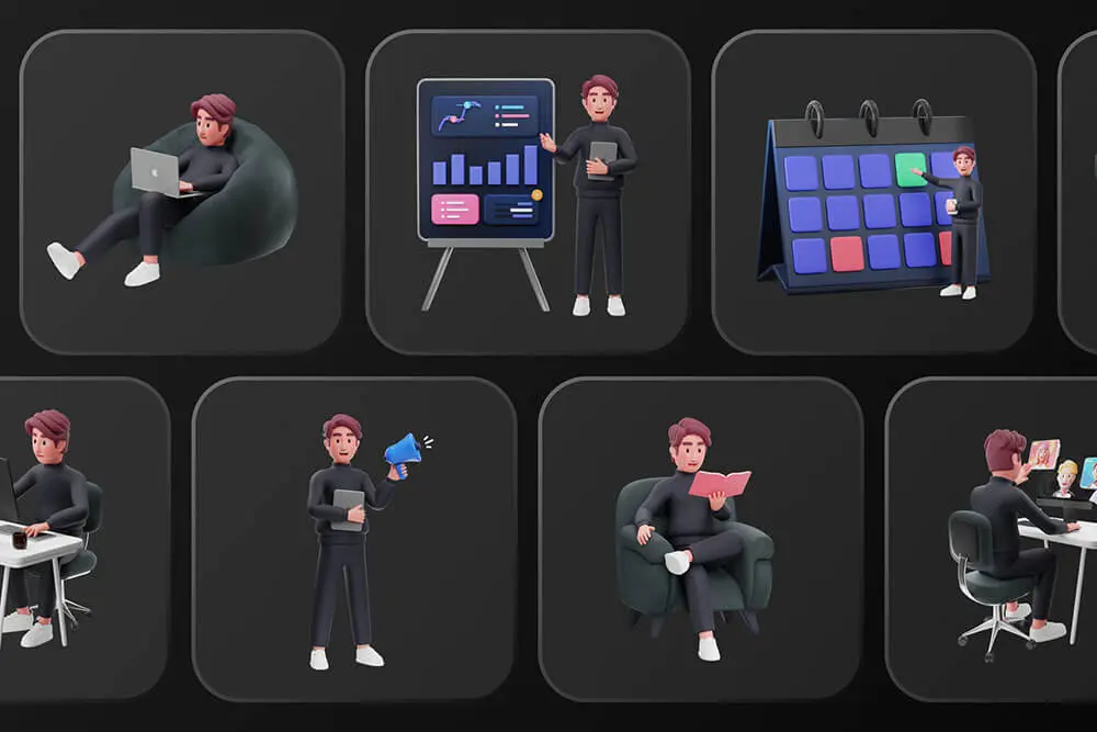 黑色业务讲解办公主题3D角色素材包