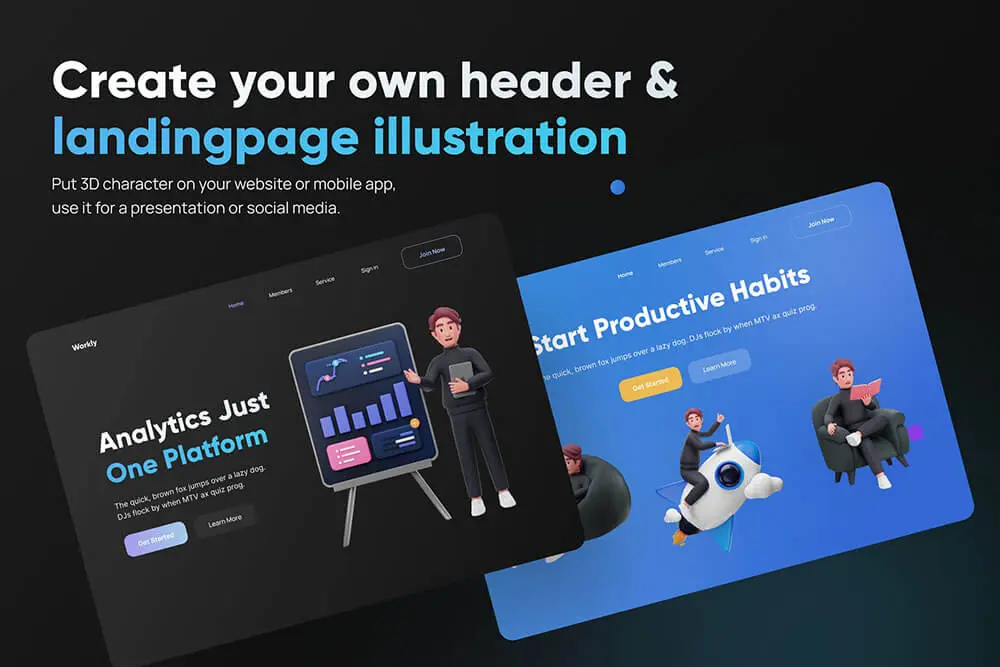 黑色业务讲解办公主题3D角色素材包