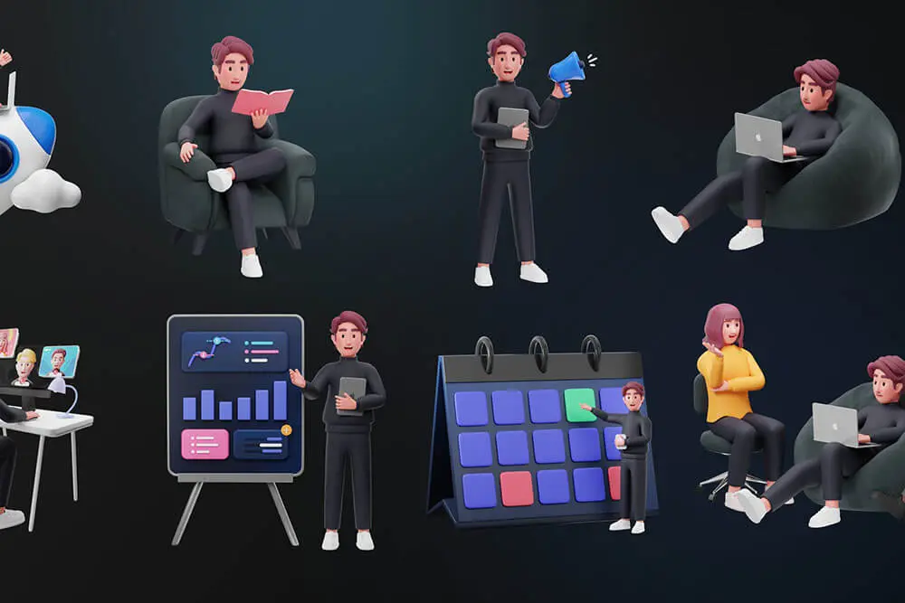 黑色业务讲解办公主题3D角色素材包