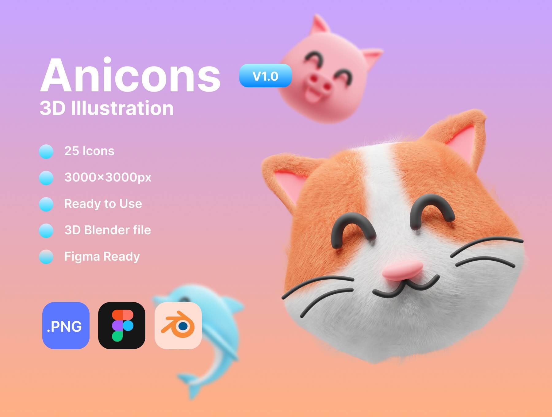 25个可爱3D动物图标素材包（Blender）