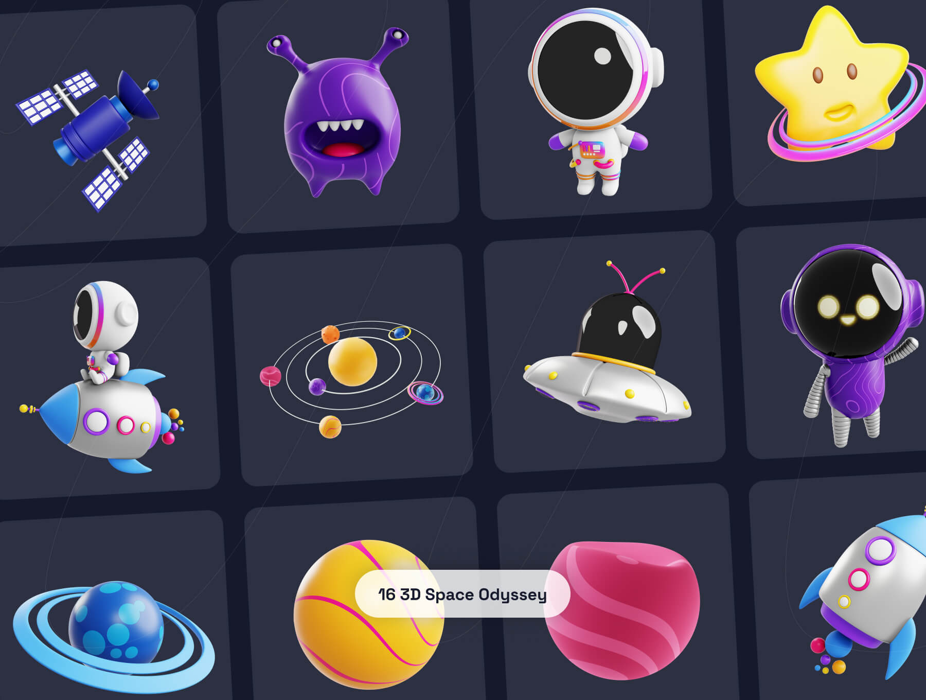 16个太空飞船宇航员星球主题3D图标素材（Blender）