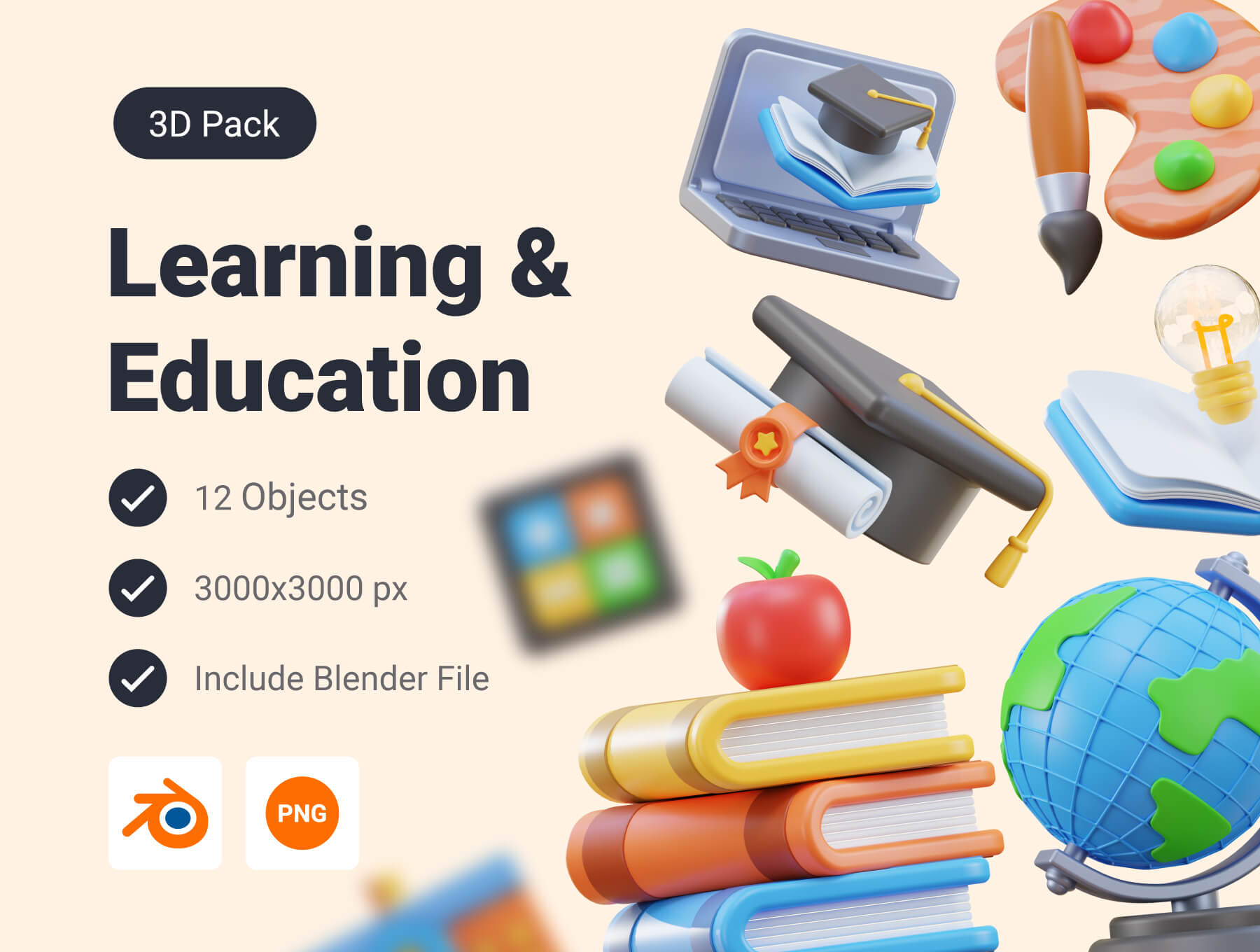 12个不同样式教育主题3D图标素材（Blender）