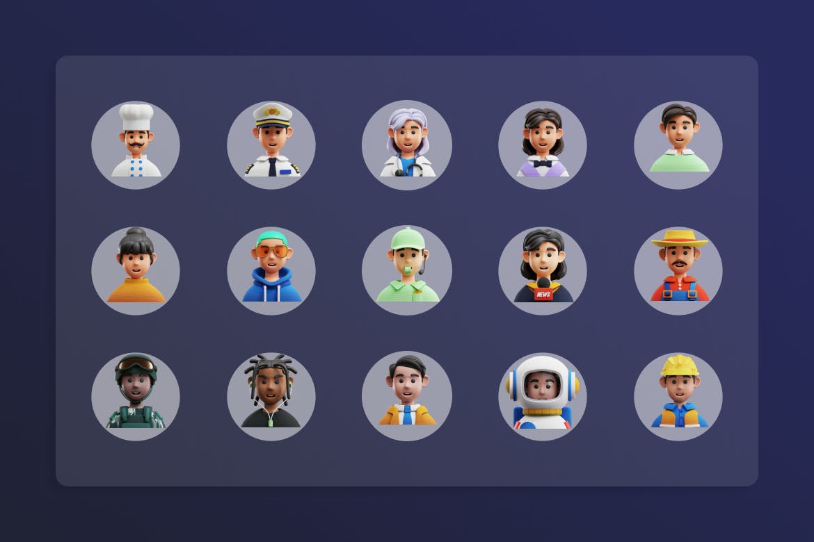 15个不同职业虚拟3D头像Blender素材下载