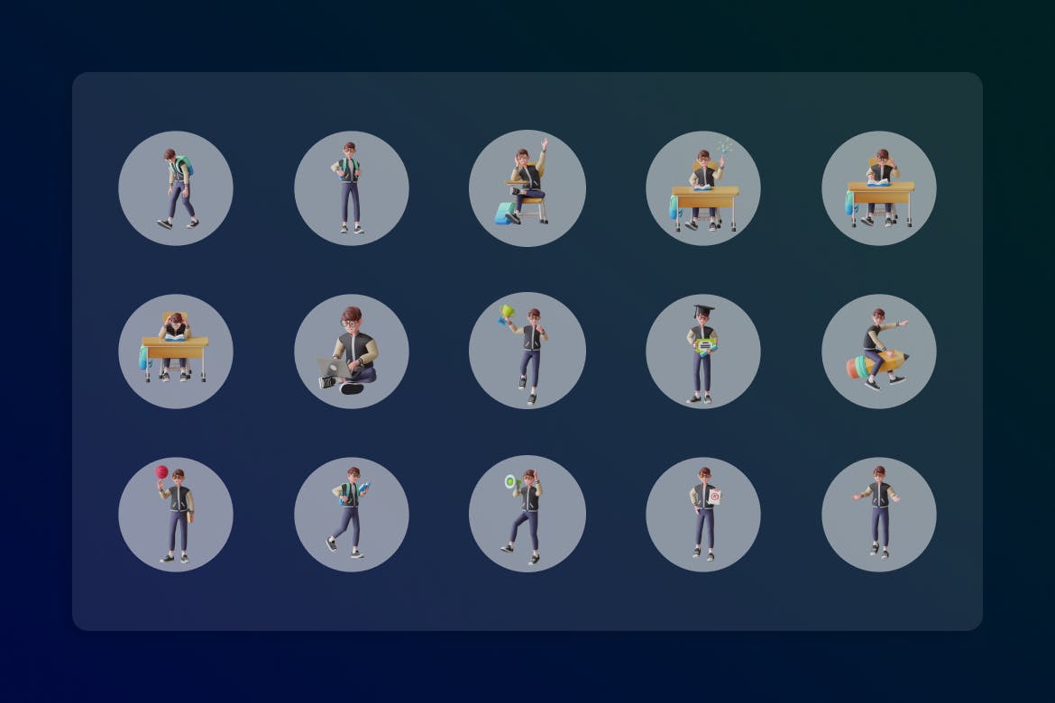 15个学生学校3D元素插画素材