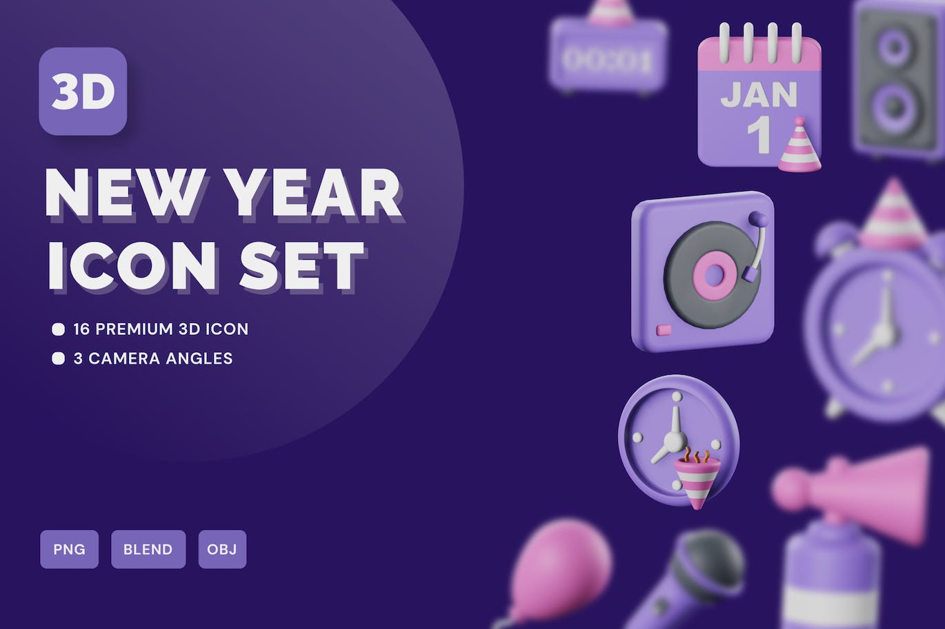 紫色新年主题3D图标模型下载 (PNG,Blend,OBJ)