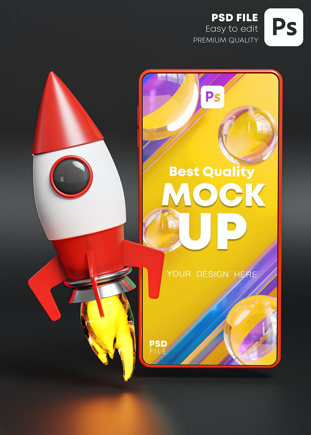 质感十足的3D抽象火箭智能手机PSD样机素材