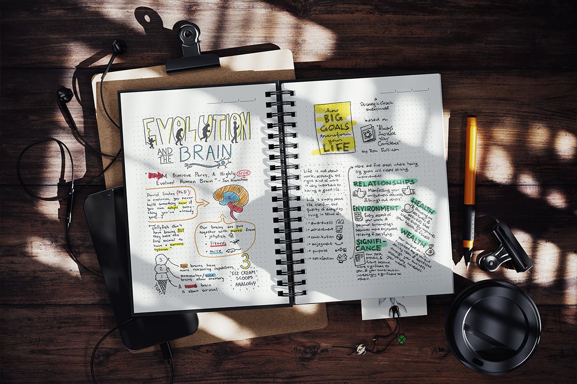 真实光影效果螺旋笔记本PSD样机素材