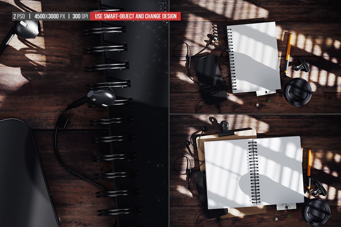 真实光影效果螺旋笔记本PSD样机素材