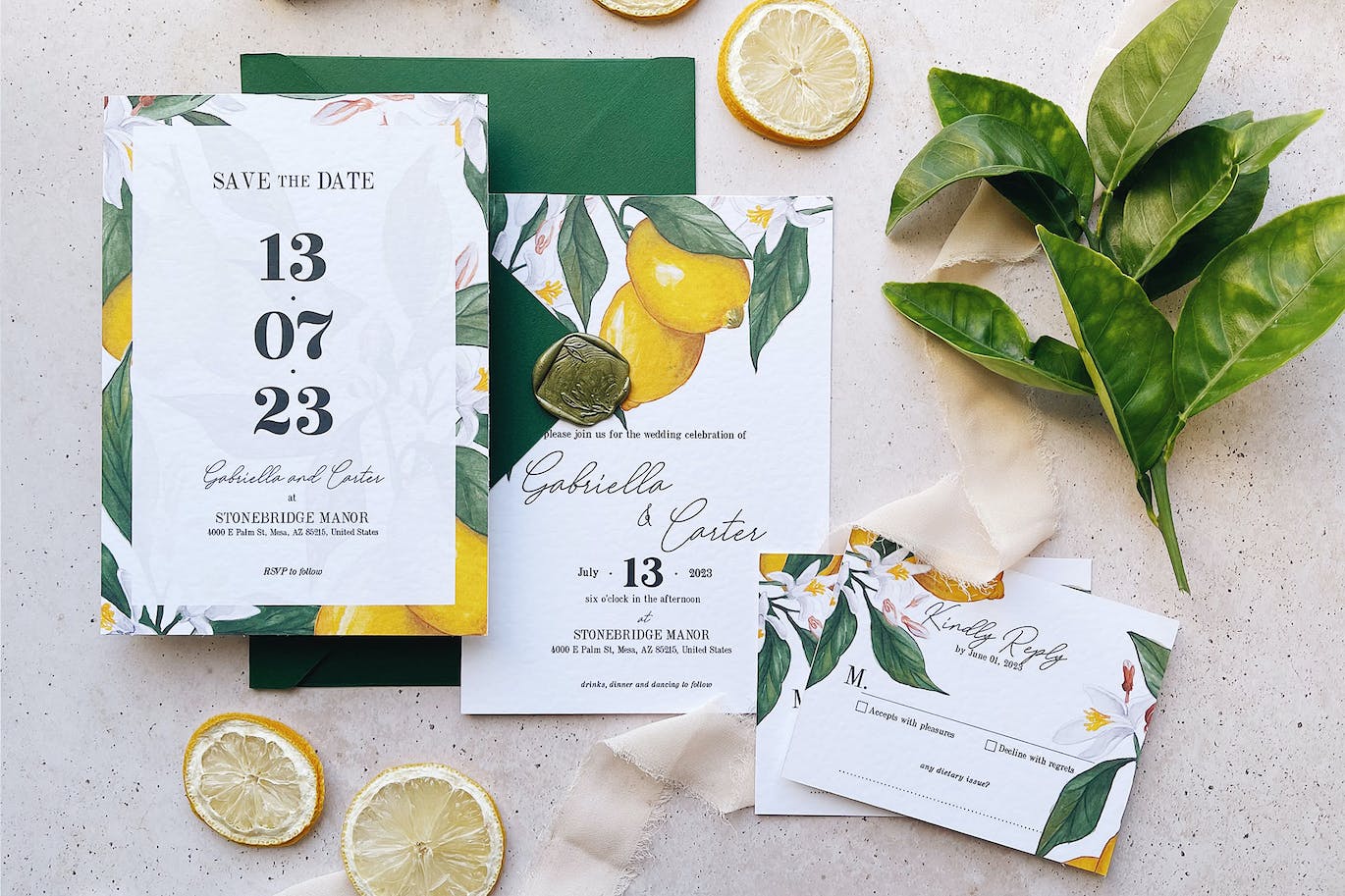 柠檬水彩小清新风格婚礼请柬PSD素材包