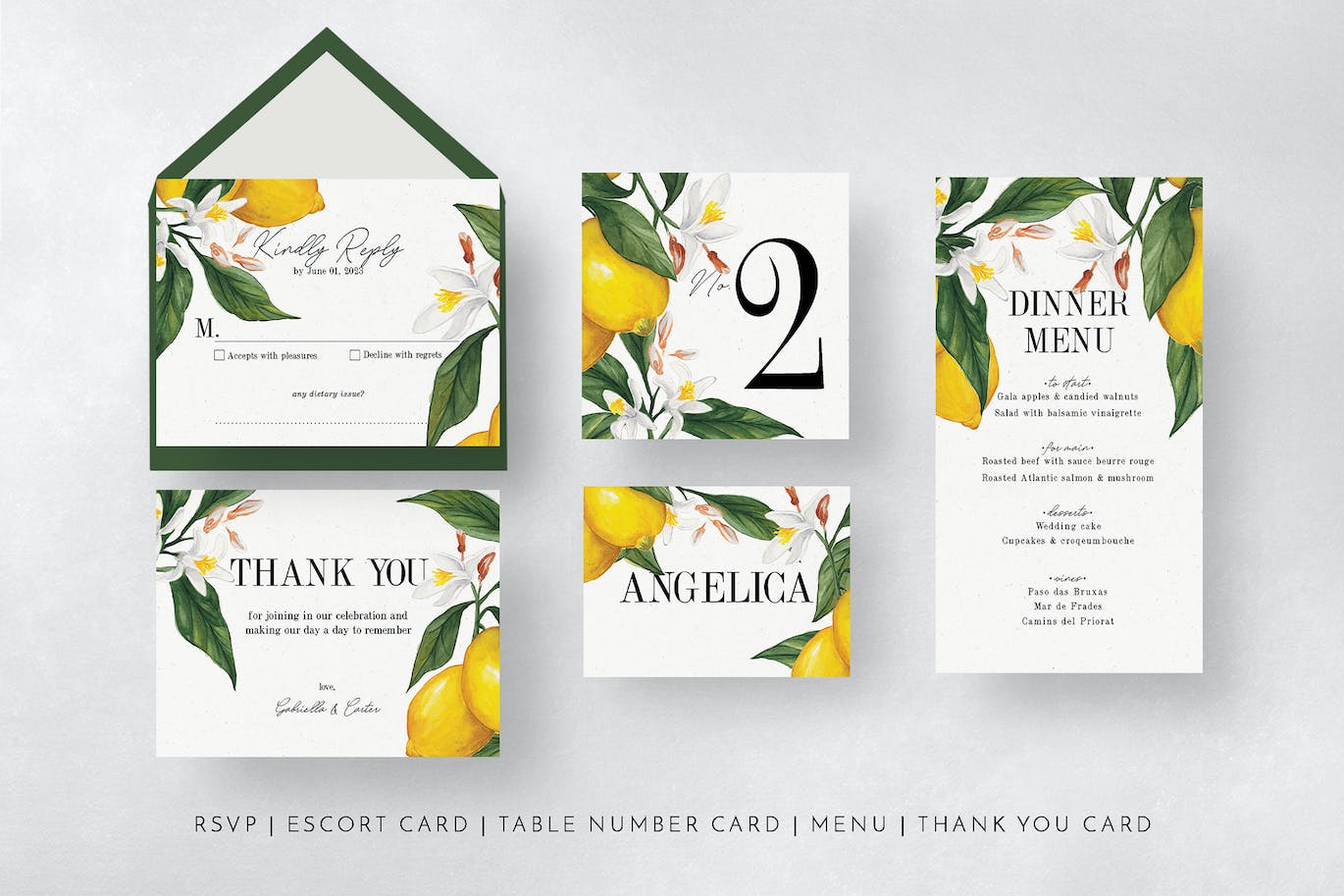 柠檬水彩小清新风格婚礼请柬PSD素材包