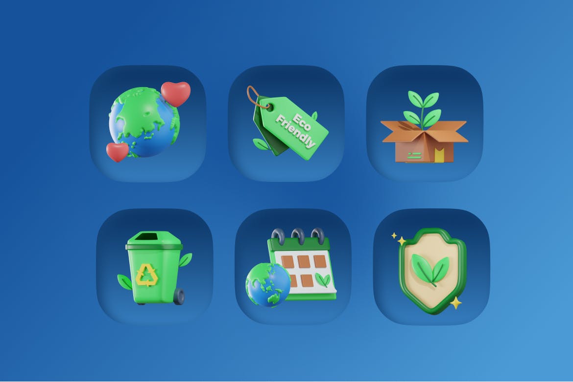 绿色环保地球主题3D图标(Blender,PNG)