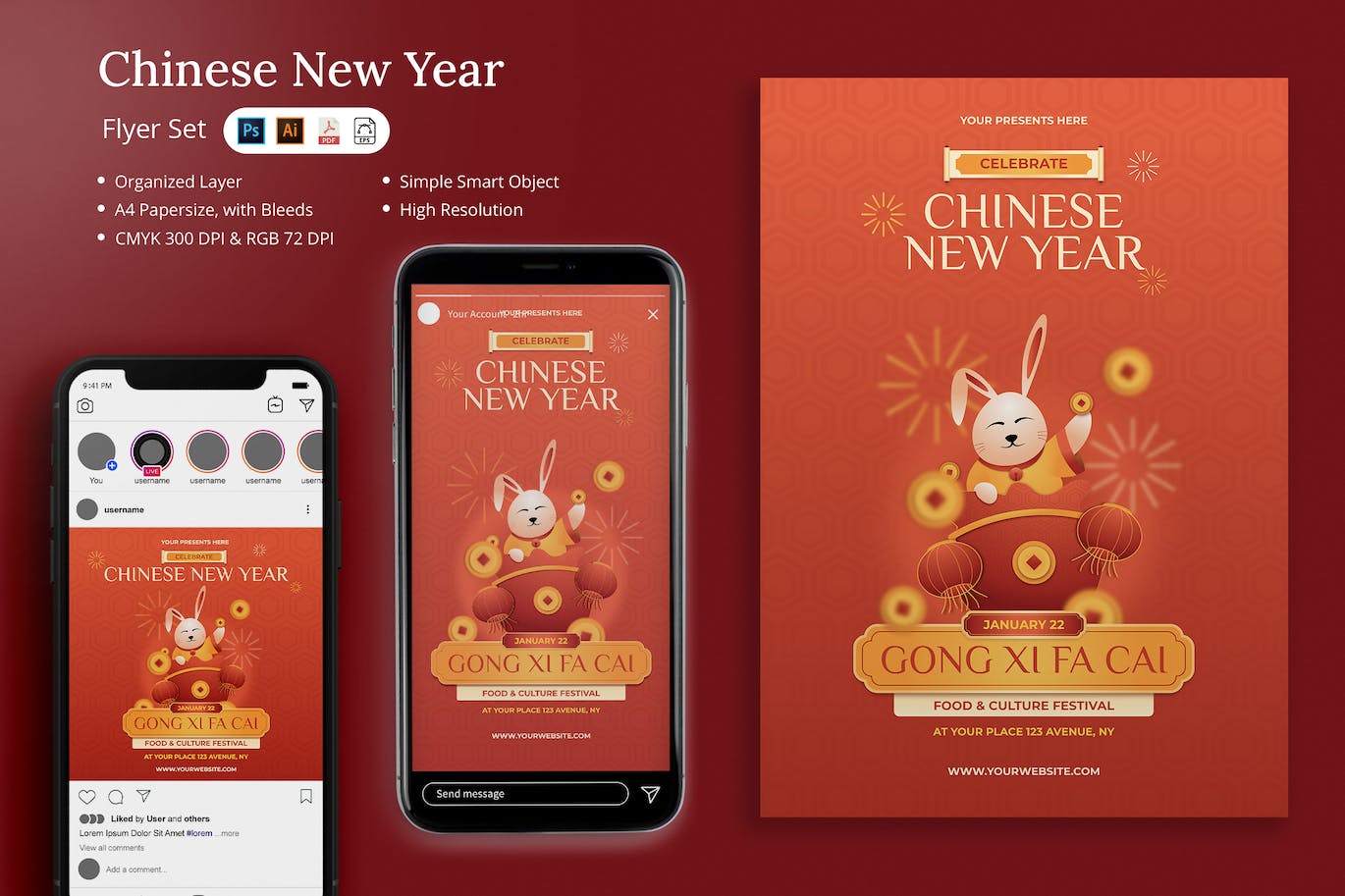 农历新年传单海报套装 (AI,EPS,PSD,PDF)