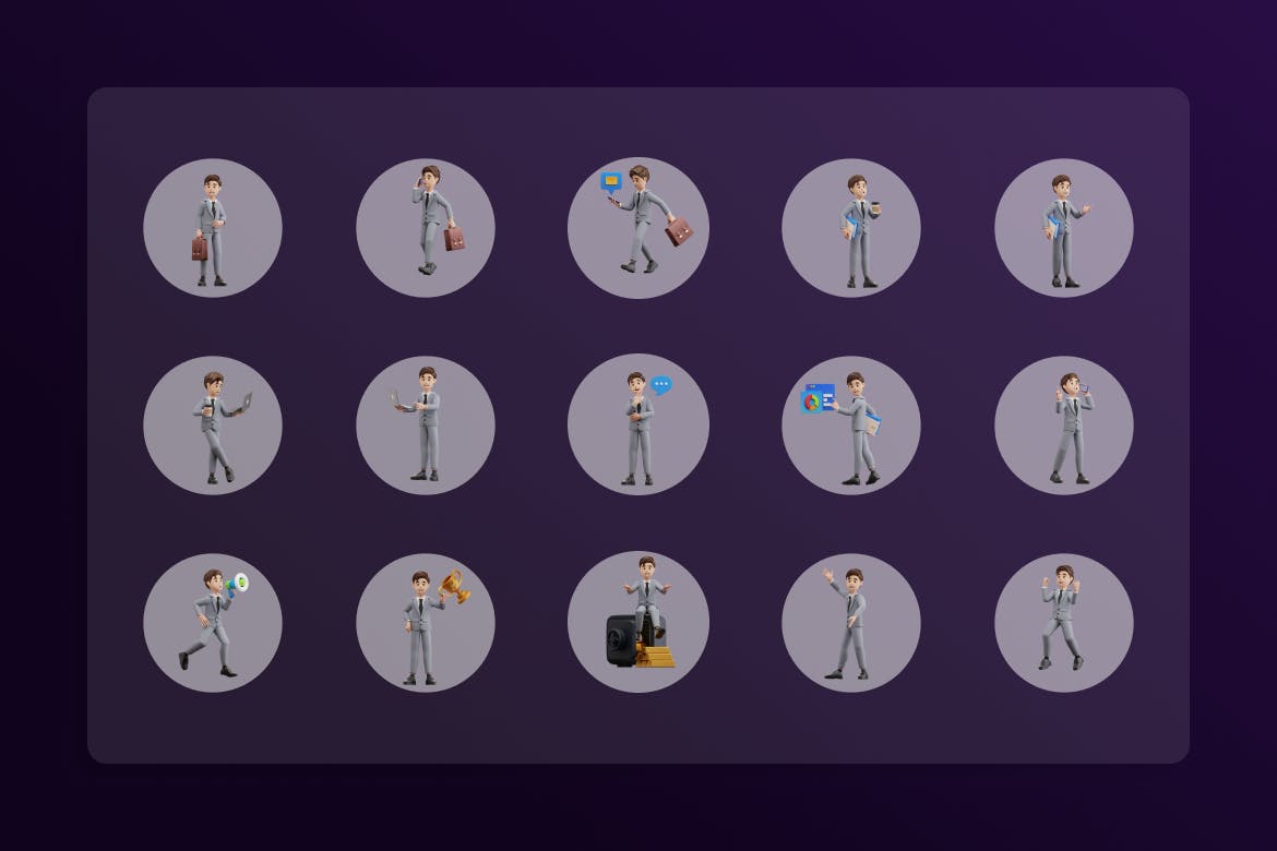 15个不同姿势商务卡通男士插画3D模型素材(Blend)