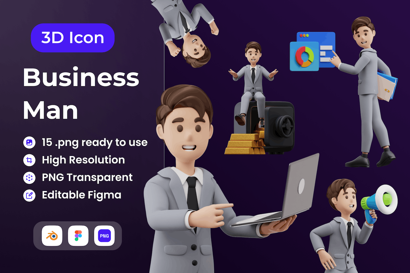 15个不同姿势商务卡通男士插画3D模型素材(Blend)