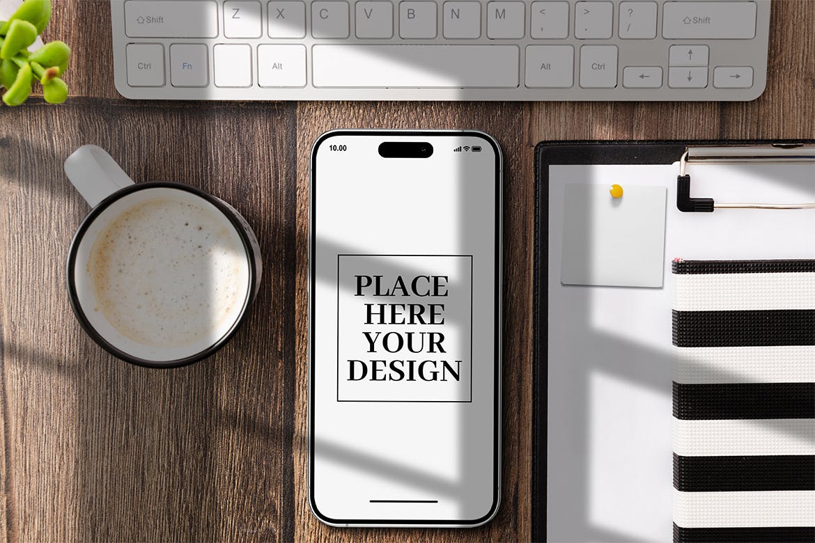 带有文具模型的iPhone 14 APP UI样机模型PSD素材