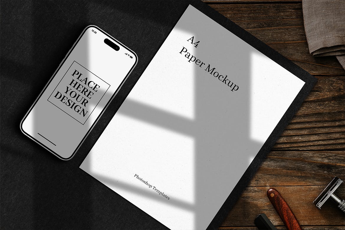 带有文具模型的iPhone 14 APP UI样机模型PSD素材