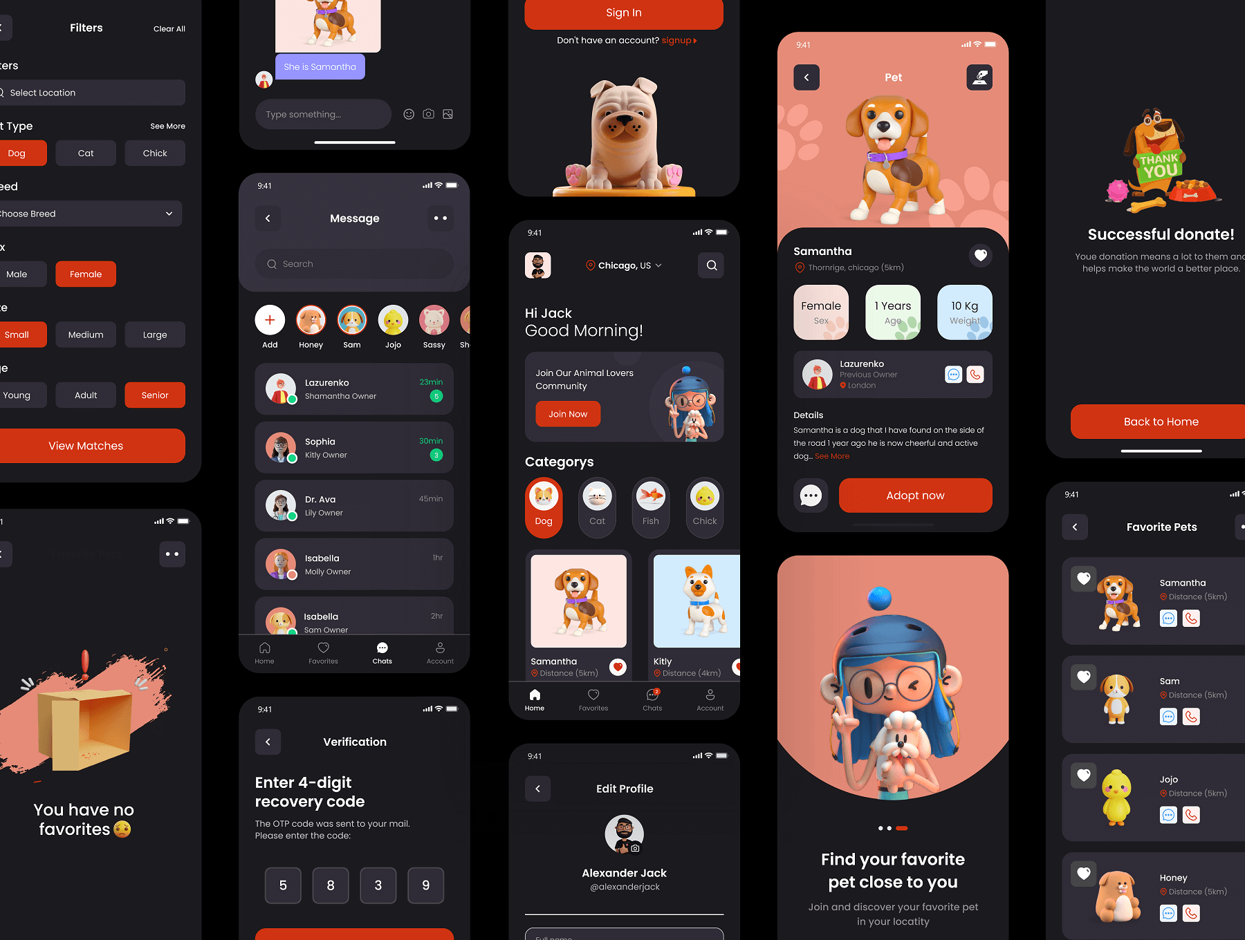 55个暗红色宠物领养主题APP UI Kit界面素材包