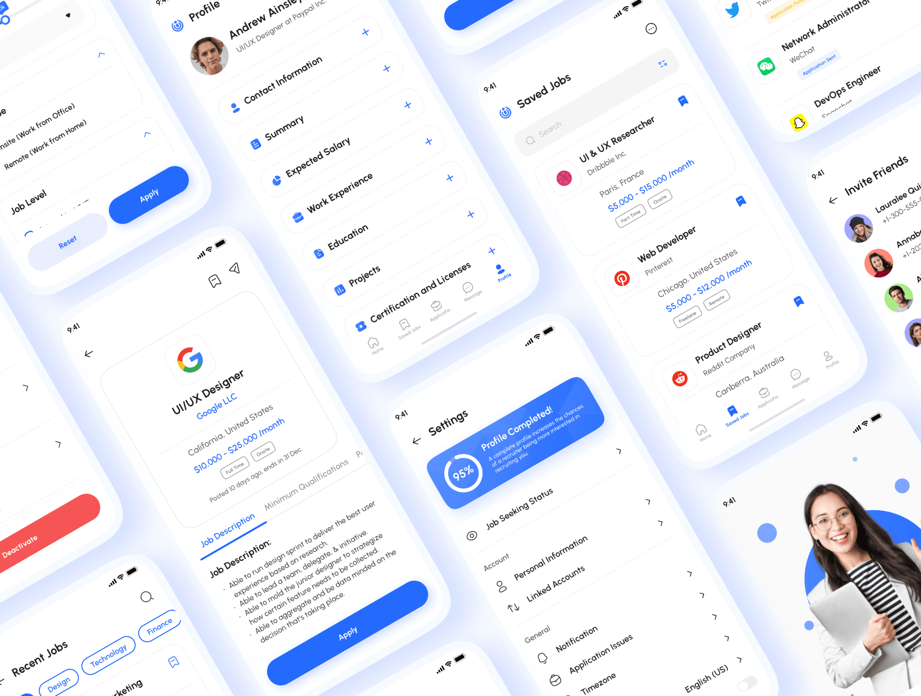 200多个简洁大气蓝色工作求职主题APP UI界面素材包