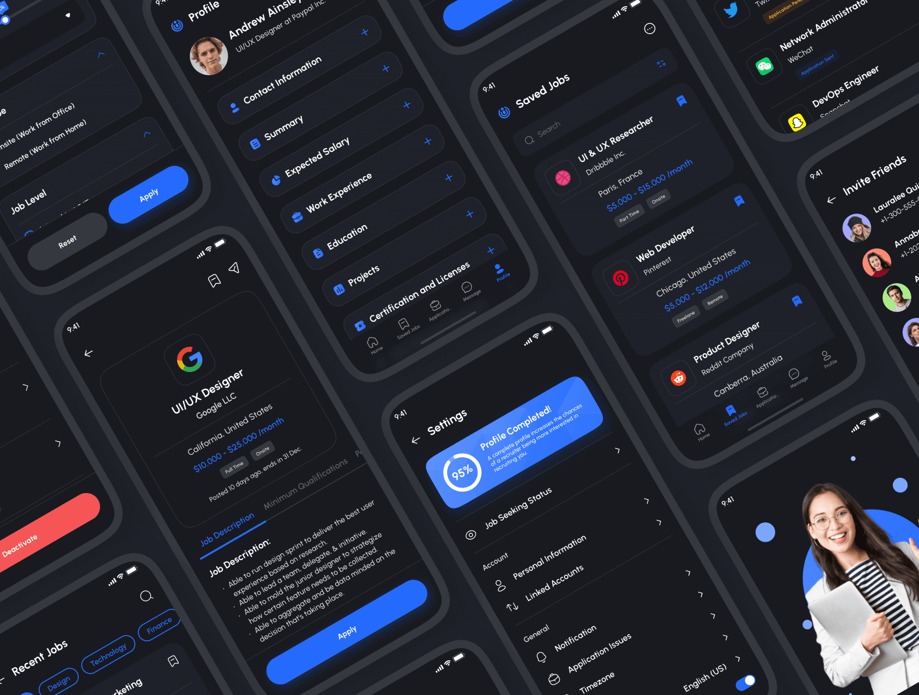 200多个简洁大气蓝色工作求职主题APP UI界面素材包