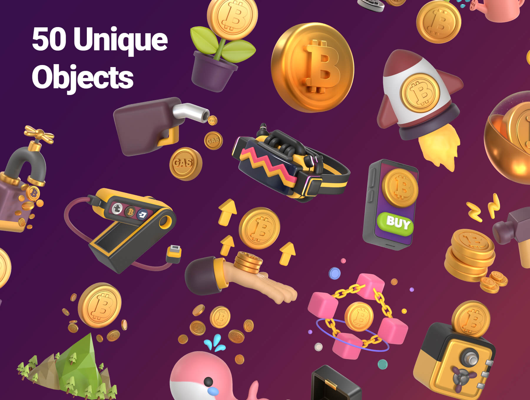 精品素材:50个高级金色质感的NFT货币主题3D图标