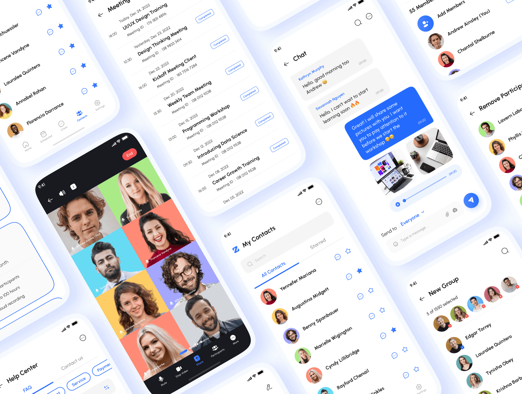 160个蓝色视频会议在线会议主题APP UI界面素材包