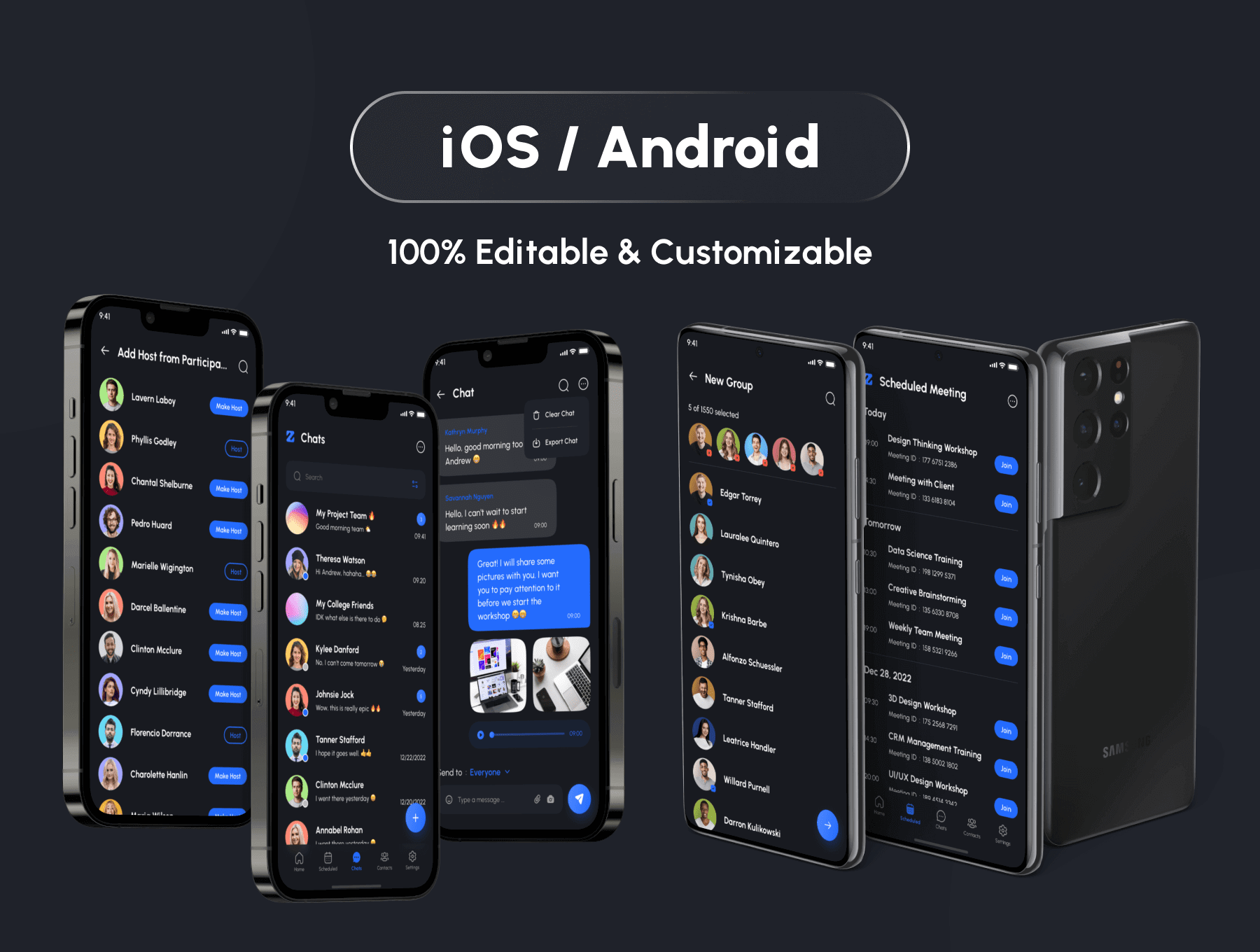 160个蓝色视频会议在线会议主题APP UI界面素材包