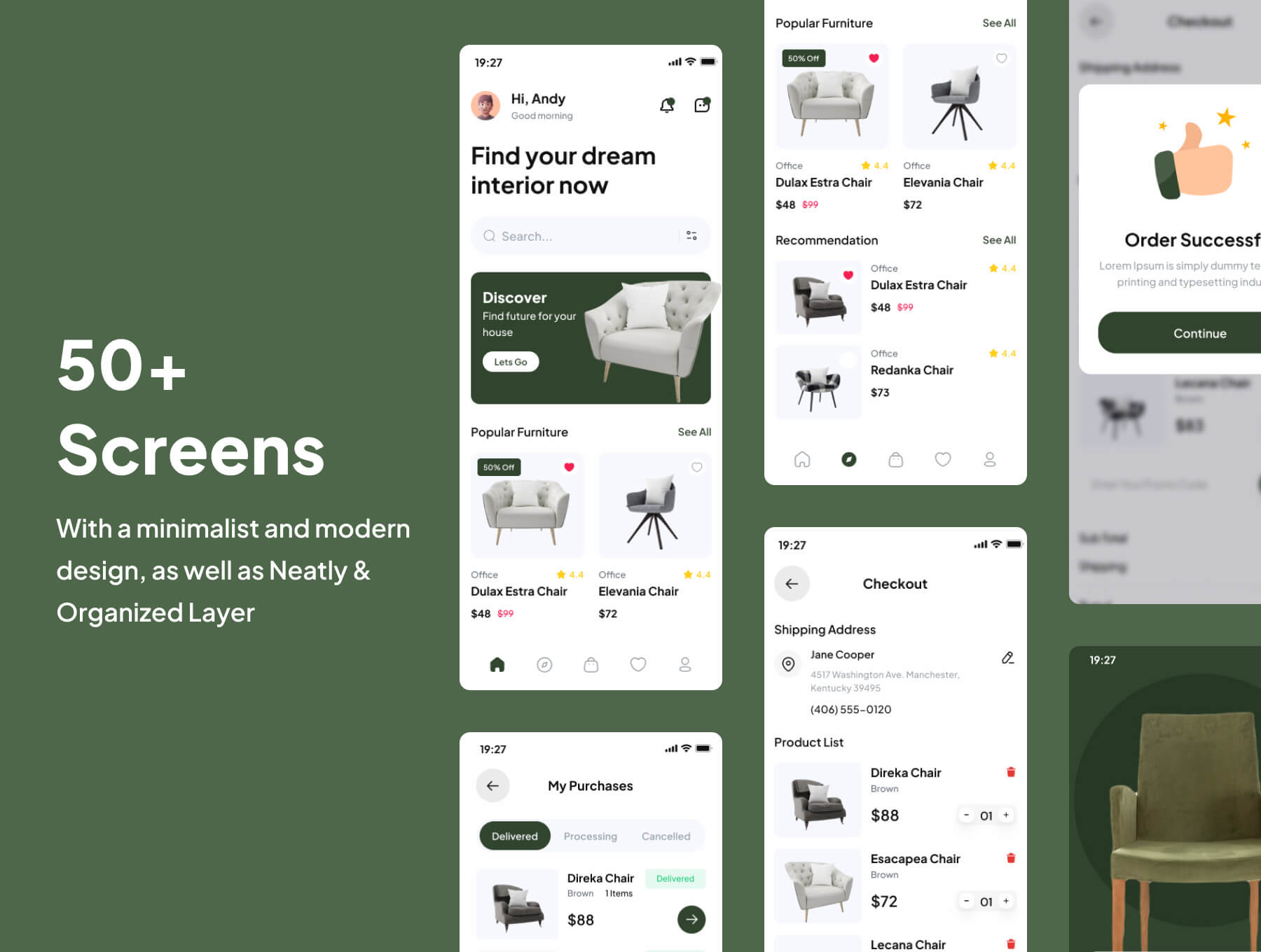 50个深绿色家具售卖APP UI 界面素材包