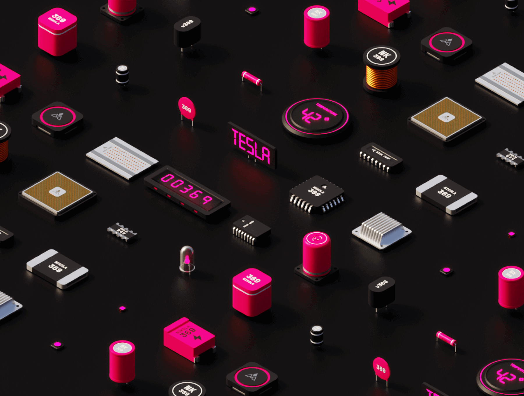 Blender设计的2.5D风格多边形元件芯片主题模型