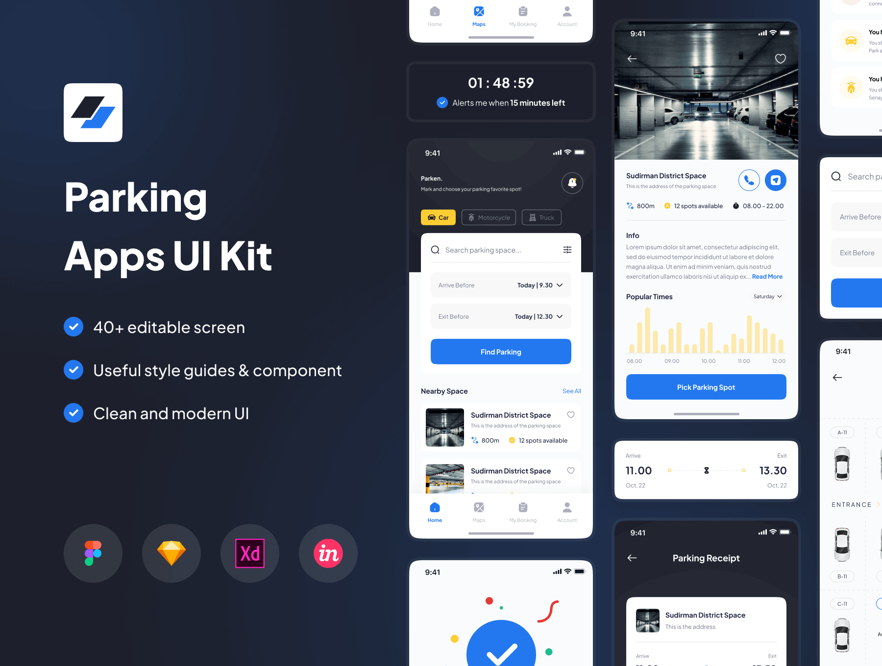 40个蓝色风格沉稳的停车APP UI Kit界面素材包