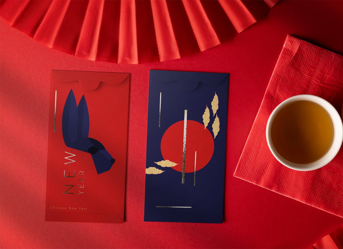 2023年高端中国风新年春节信封VI样机PSD素材包
