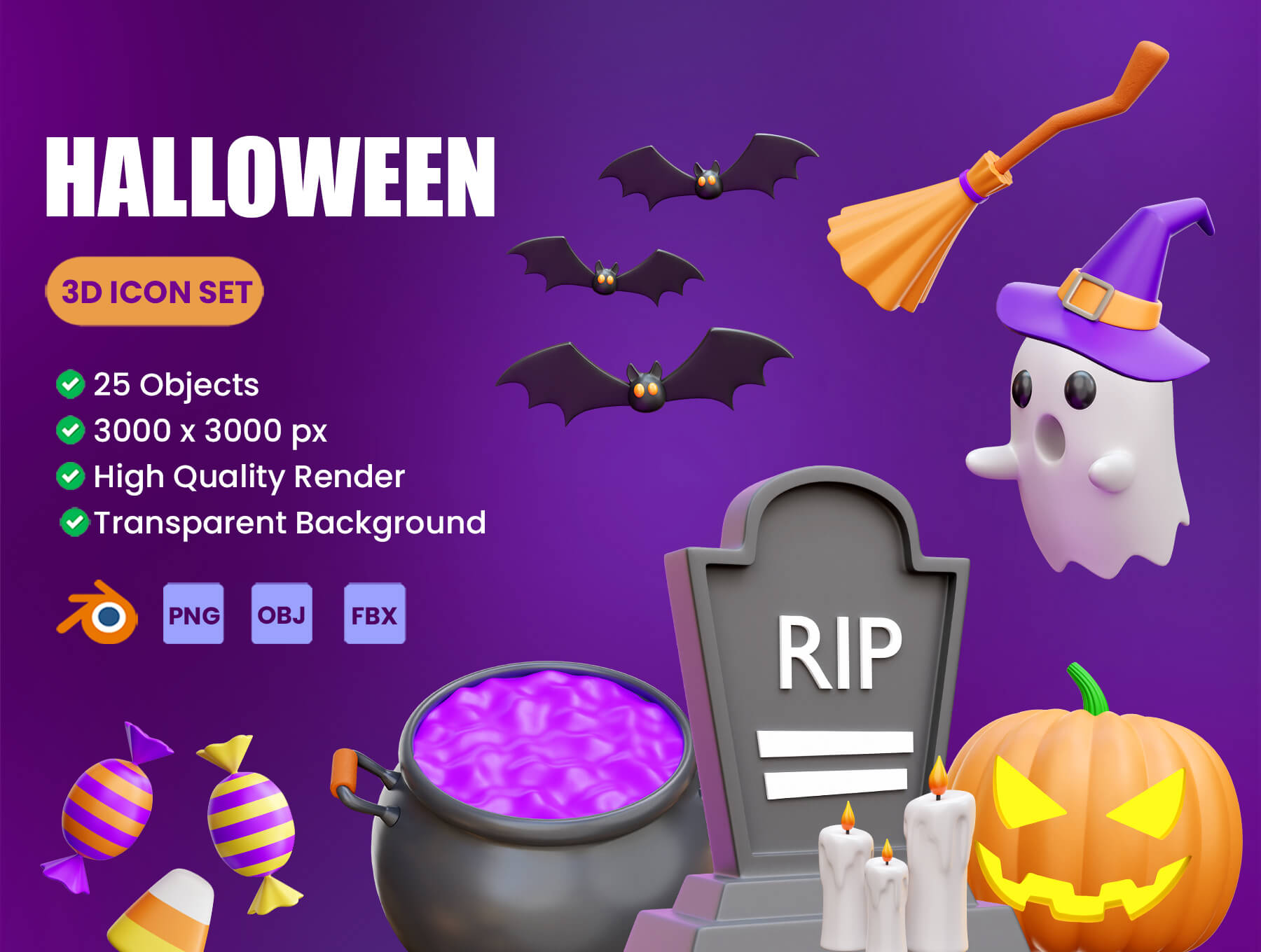 25个万圣节主题3D插图图标素材