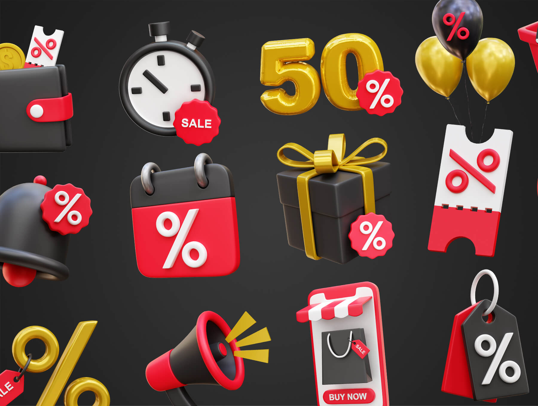 35个黑五主题金黑色3D图标素材包