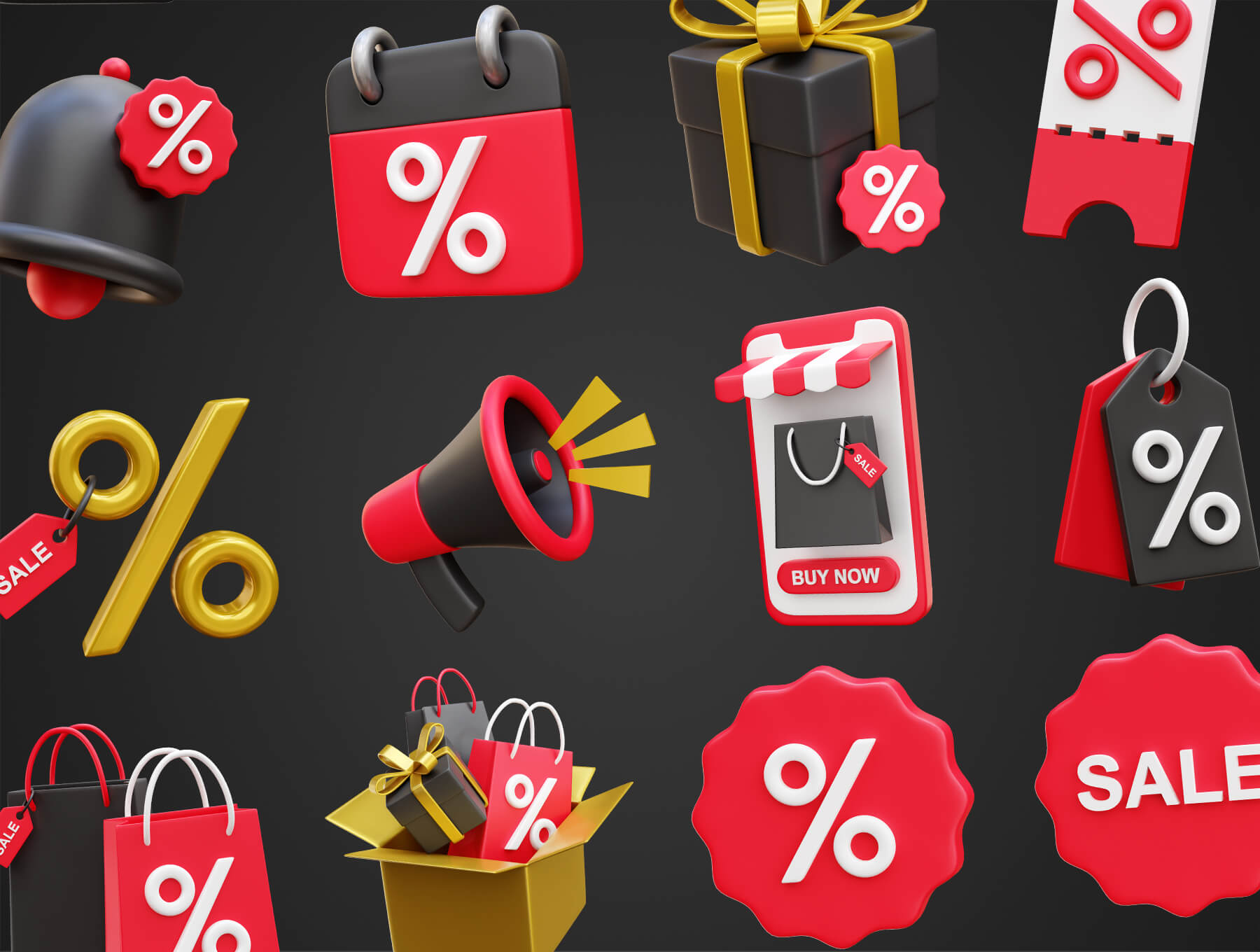 35个黑五主题金黑色3D图标素材包