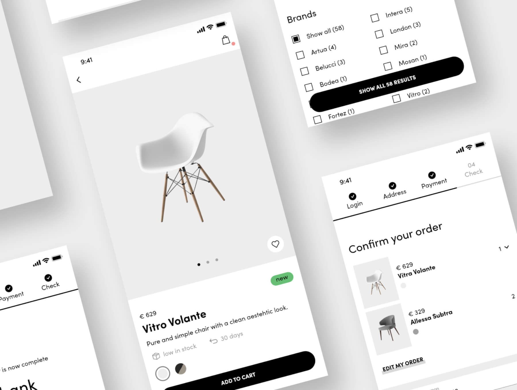 25个简洁的黑色电子商务APP UI Kit素材