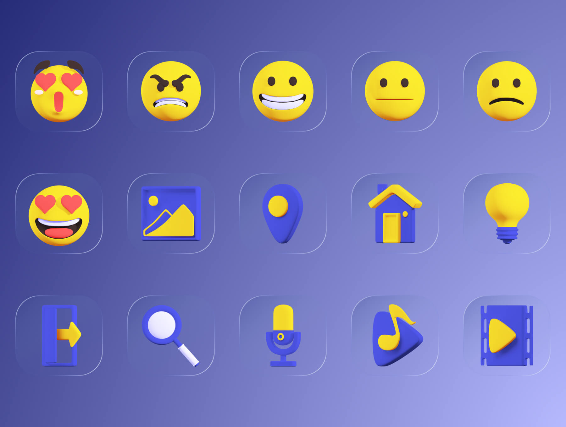 30个蓝黄搭配百搭主题的3D图标素材