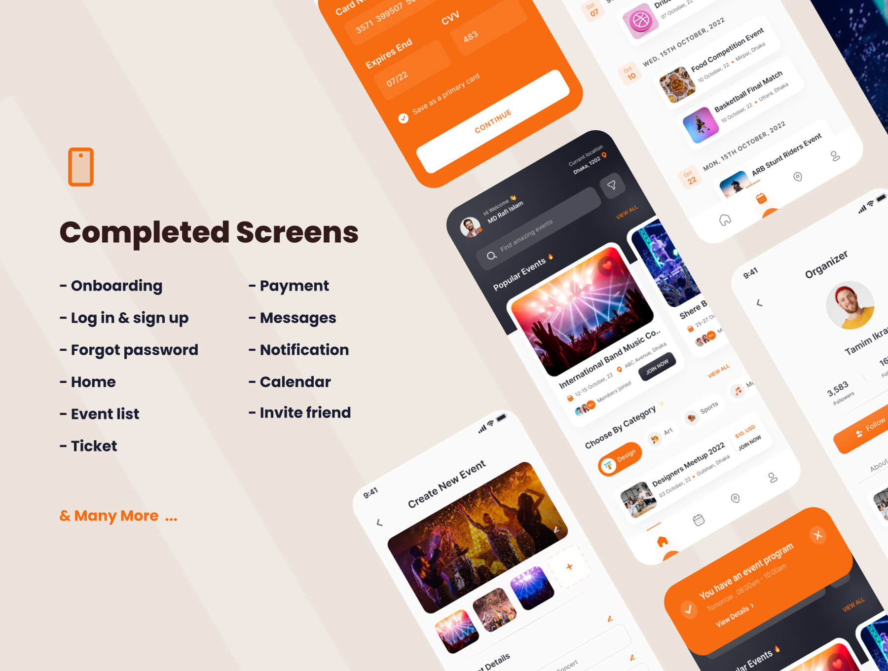 55个橙色充满激情的活动预订主题APP UI界面素材包