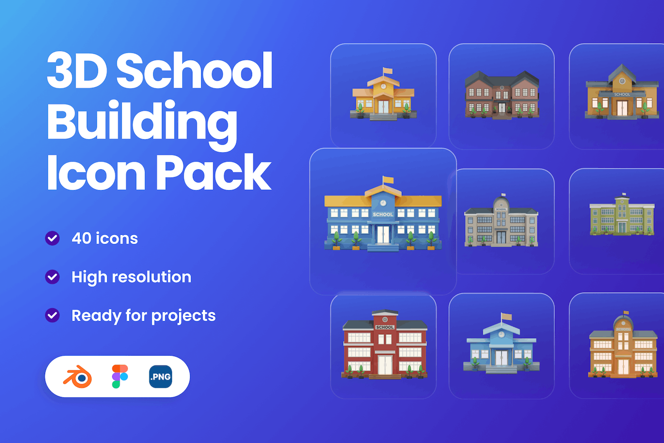 一套3D学校房屋建筑图标模型素材包（Blend,PNG）