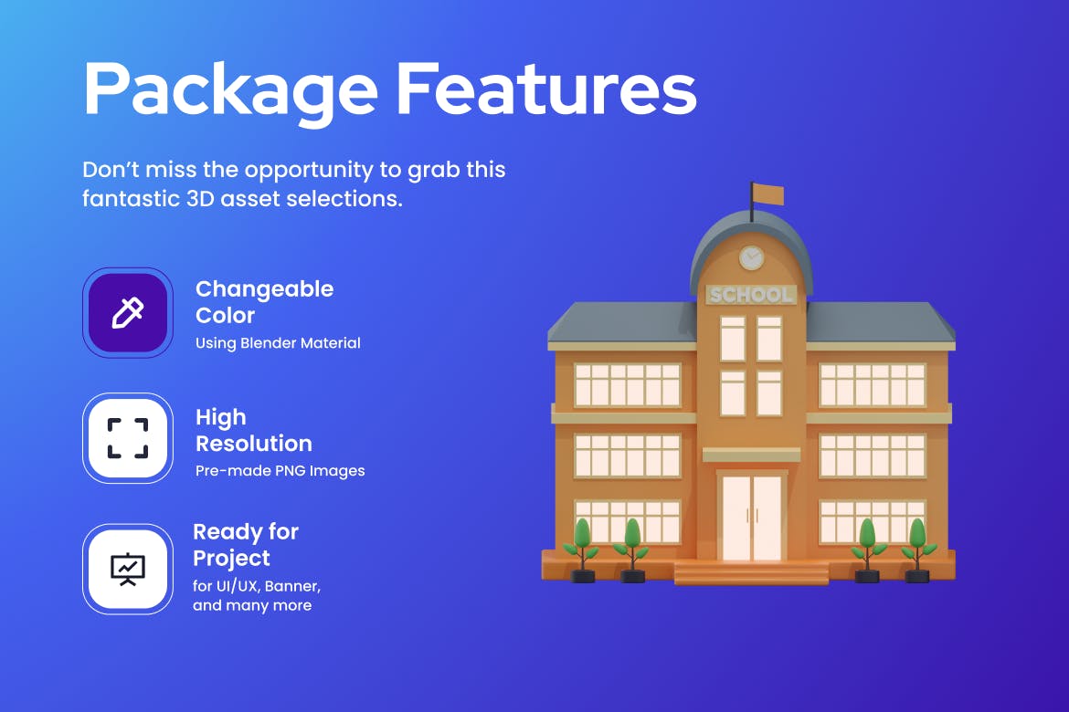 一套3D学校房屋建筑图标模型素材包（Blend,PNG）